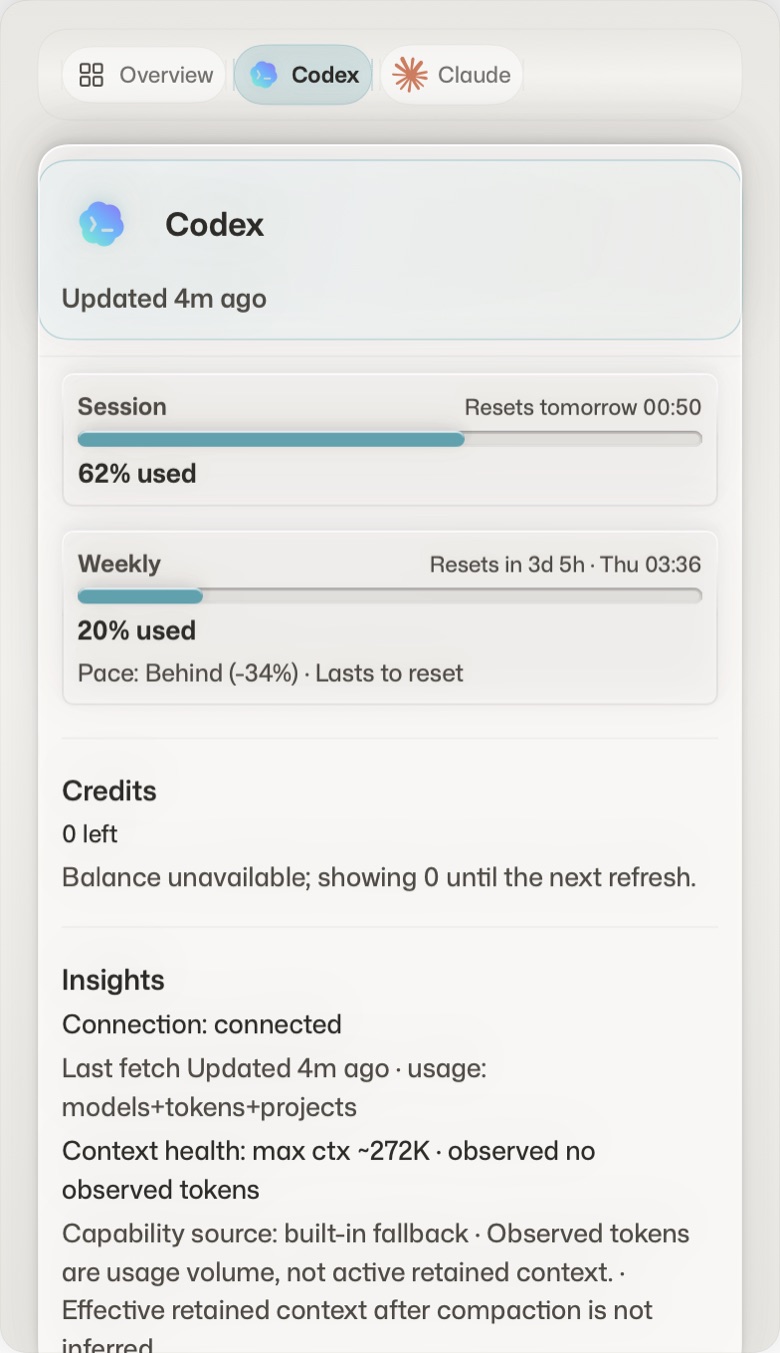 The Runic menu open on Codex: session and weekly windows, each with its reset time and pace