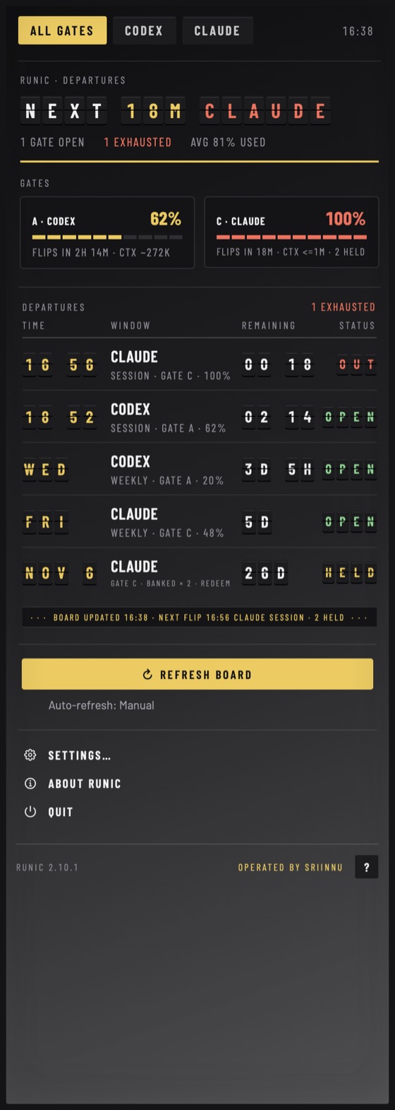The Runic panel drawn by the Departures skin, with demo data