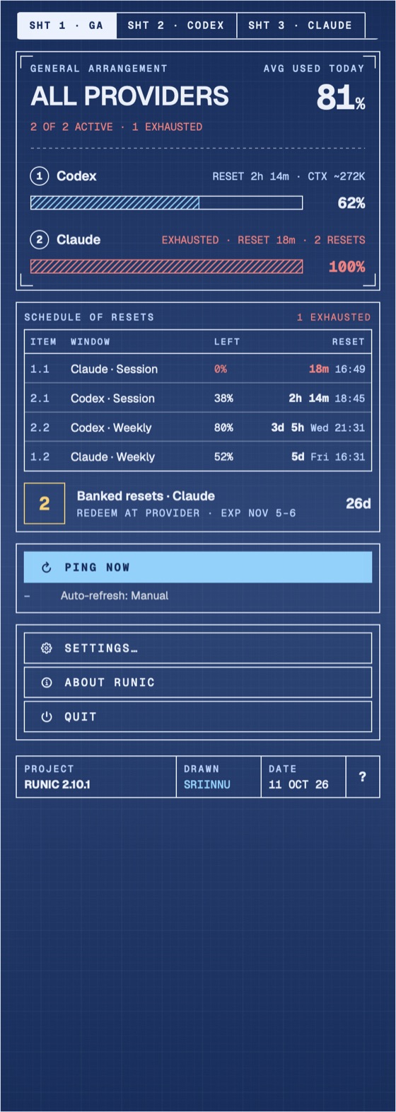 The Runic panel drawn by the Blueprint skin, with demo data