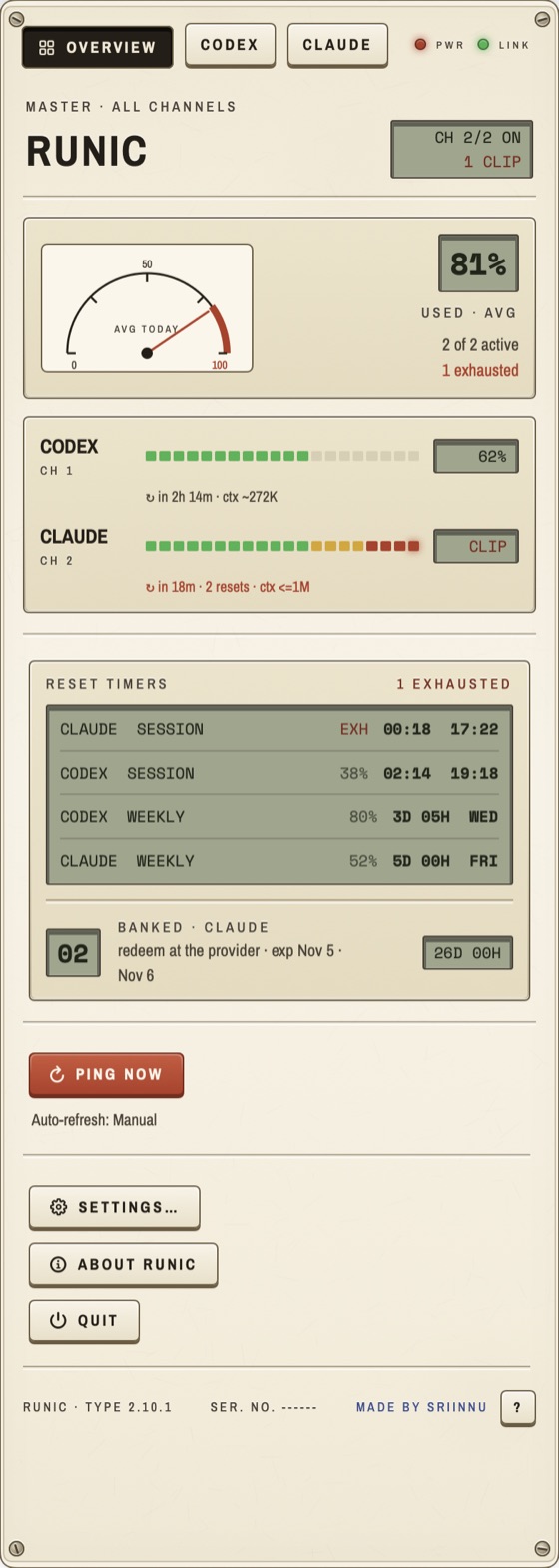 The Runic panel drawn by the Retro skin, with demo data