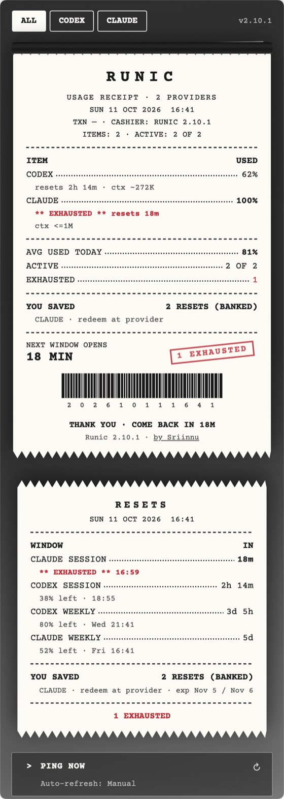 The Runic panel drawn by the Receipt skin, with demo data